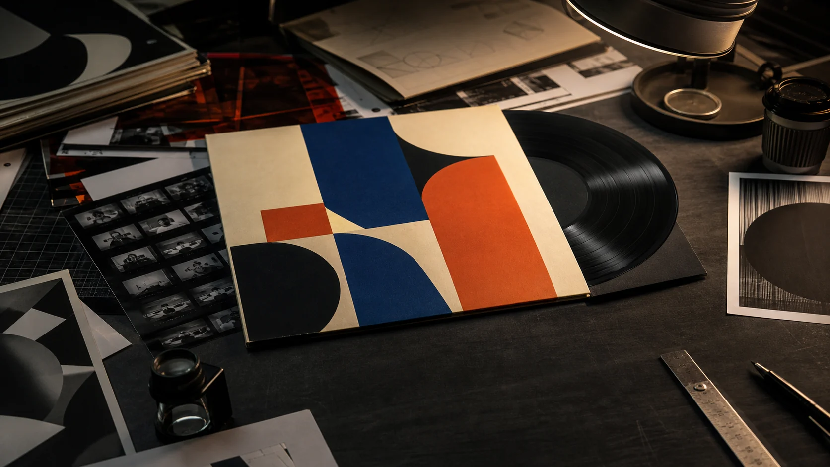 Album cover art and music arranged with a vinyl record, contact sheets, and design tools