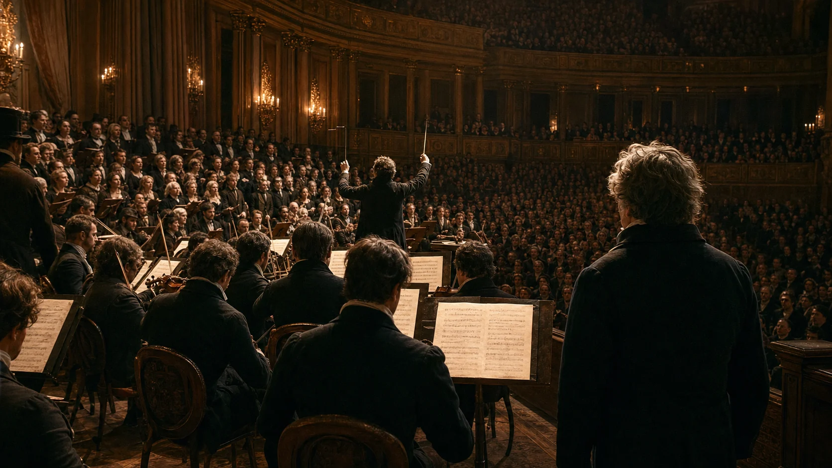 Beethoven Ninth premiere in Vienna, reconstructed with orchestra, chorus, conductor, and audience