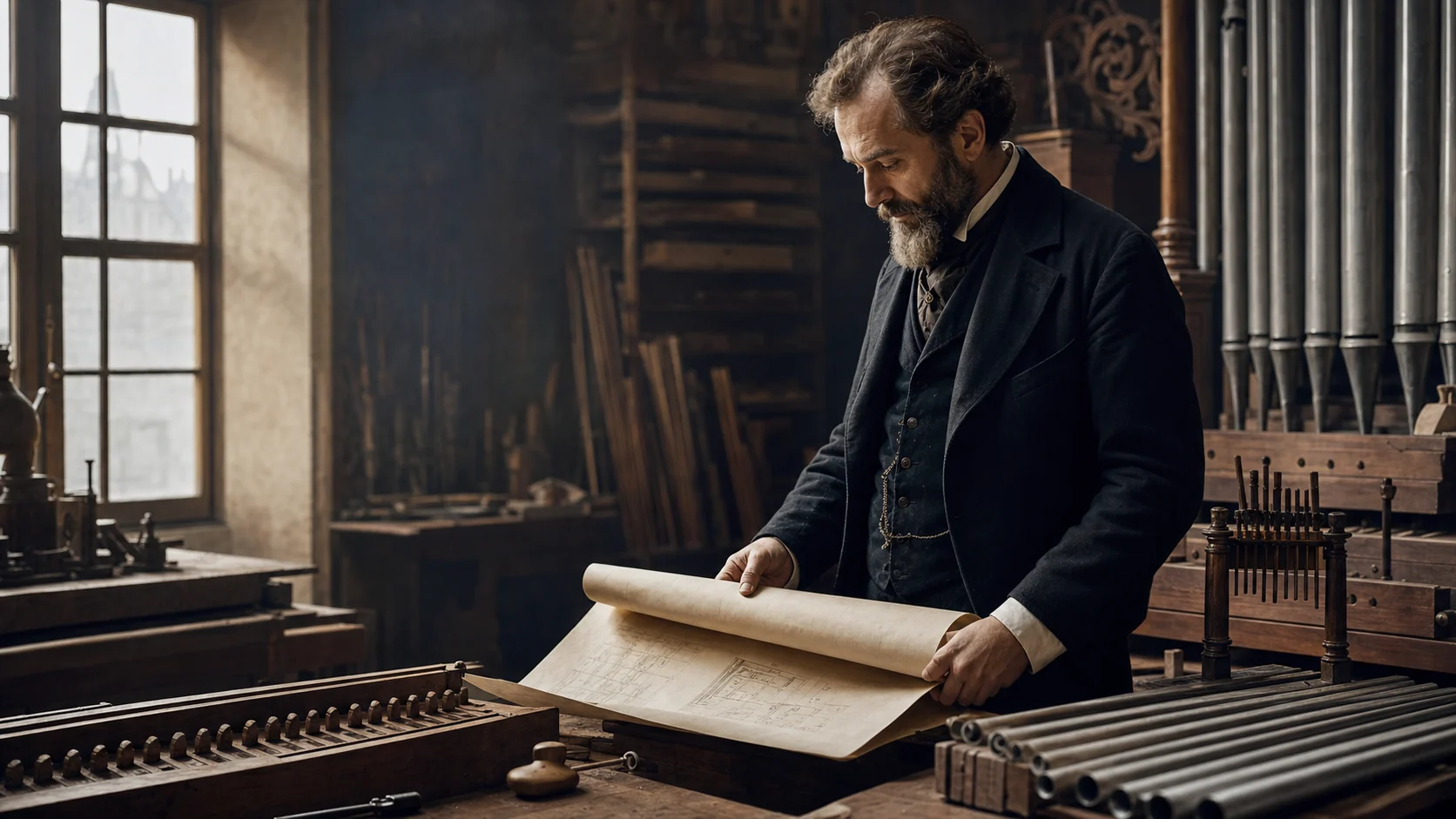 Aristide Cavaillé-Coll in an editorial reconstruction of a nineteenth-century organ workshop