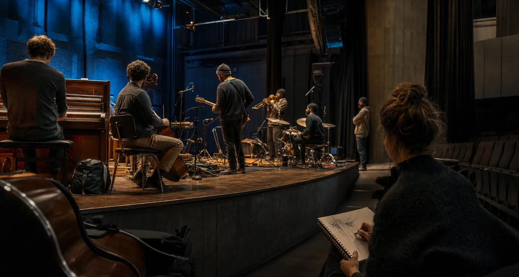 Musicians rehearsing on stage while an artist sketches from the aisle