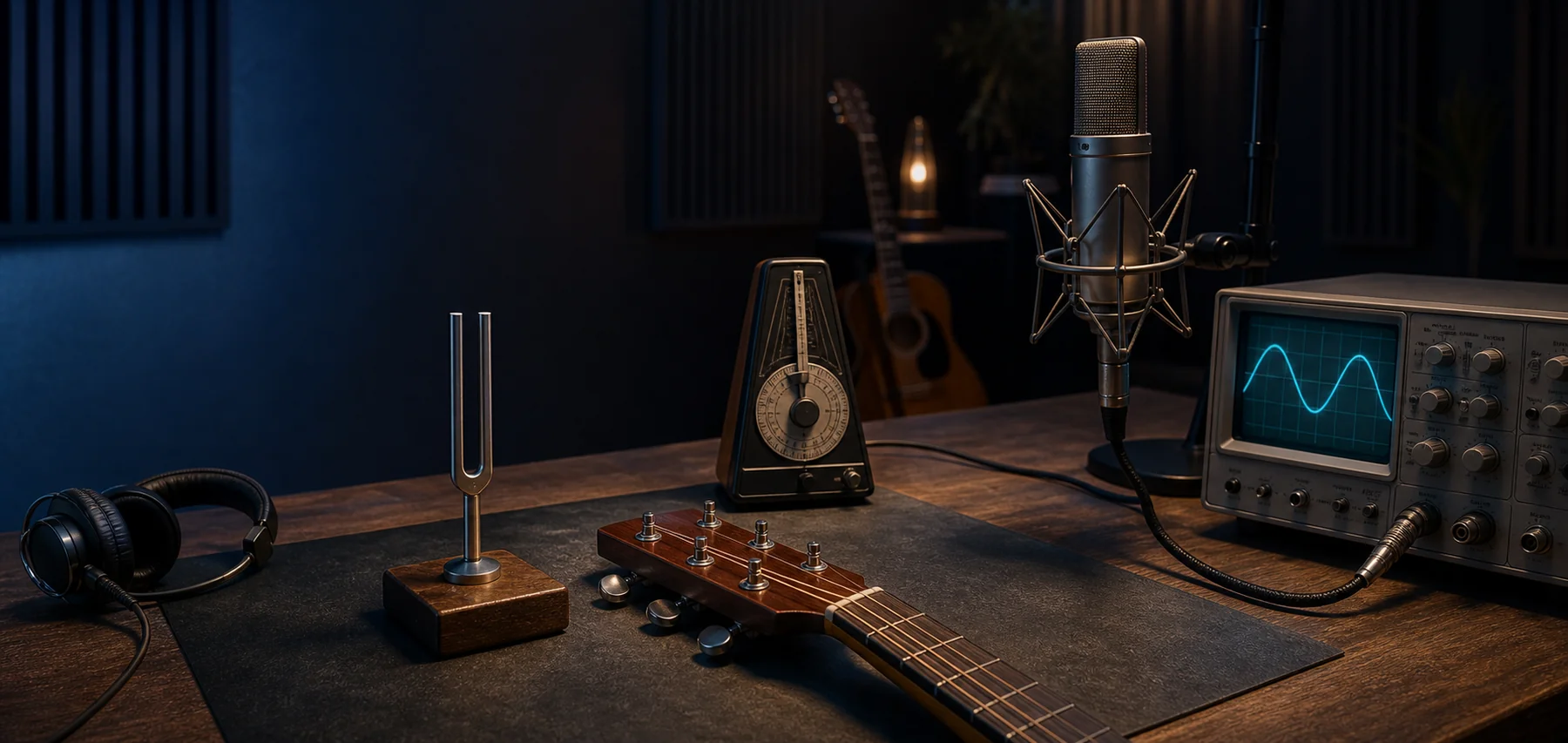 Tuning fork, guitar, microphone, metronome, and oscilloscope on a studio workbench