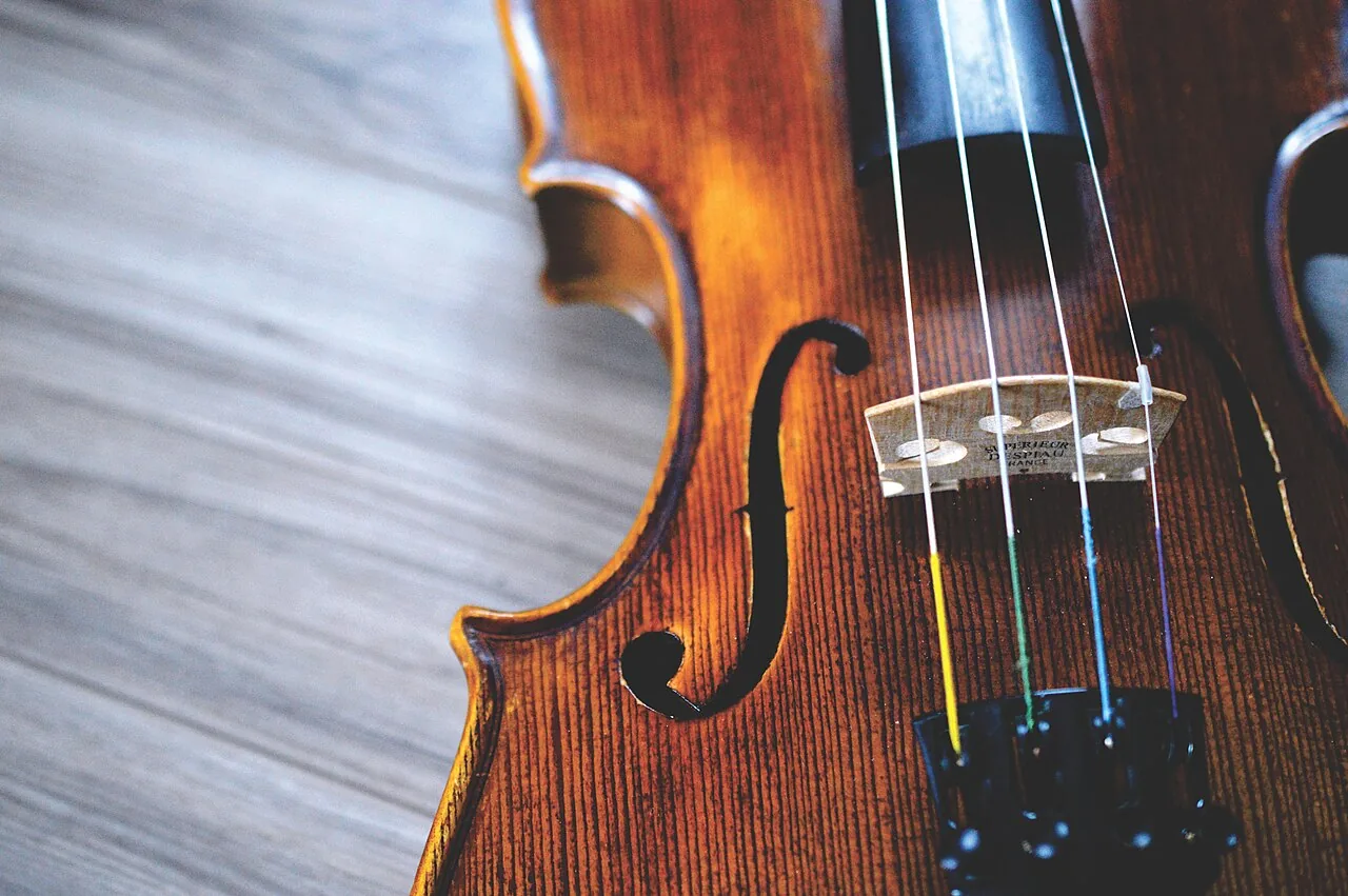 Close view of violin strings, bridge, and varnished wood