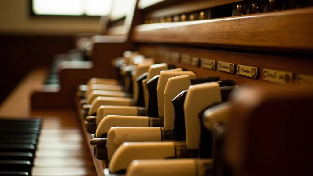 Close view of labeled organ stops on a pipe organ console
