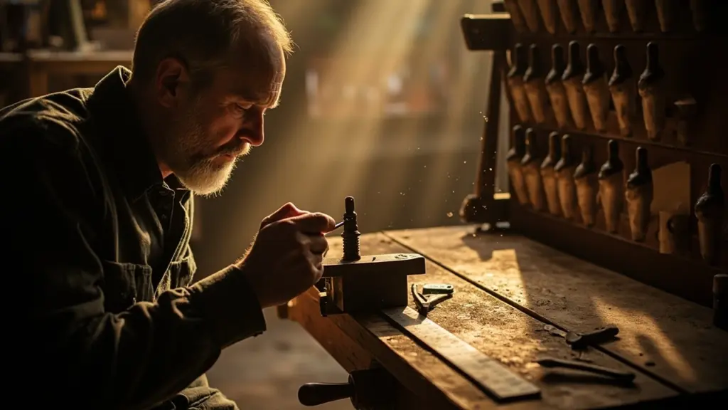 Organ builder performing pipe voicing at a workbench