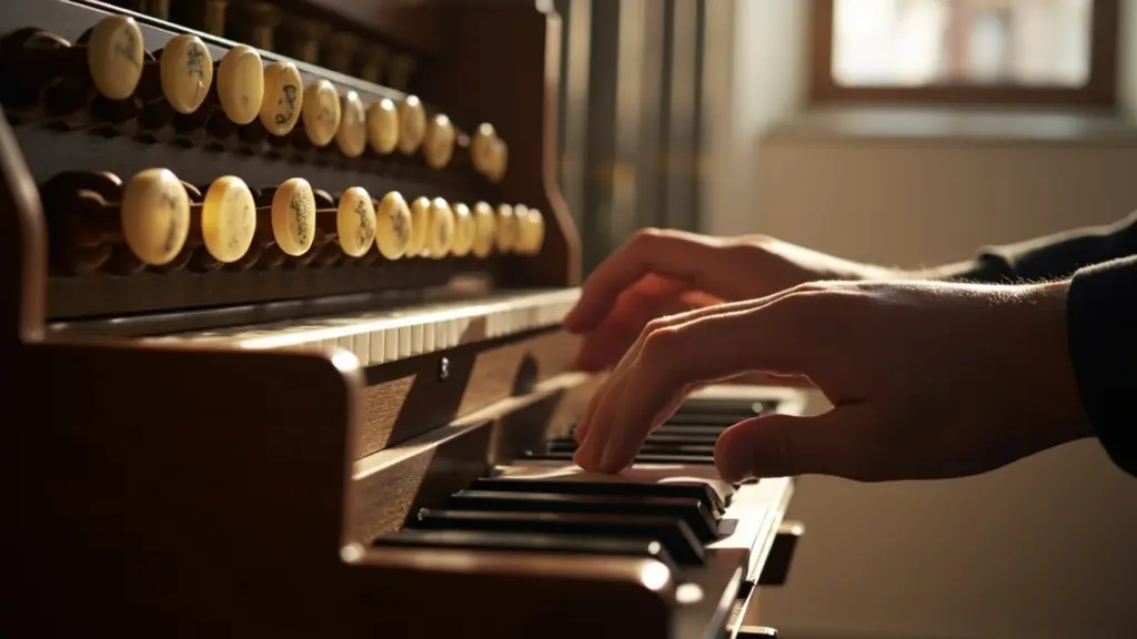 Organ registration being set on a pipe organ console with stop knobs