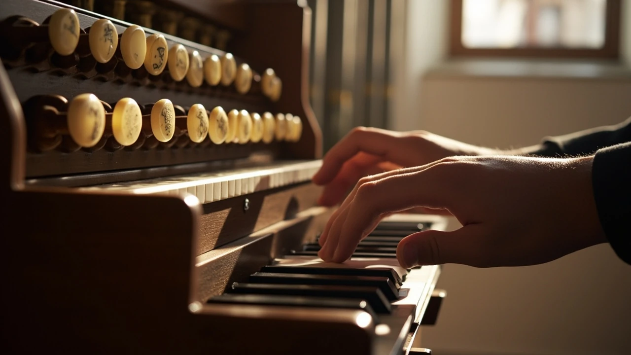 Organ registration being set on a pipe organ console with stop knobs