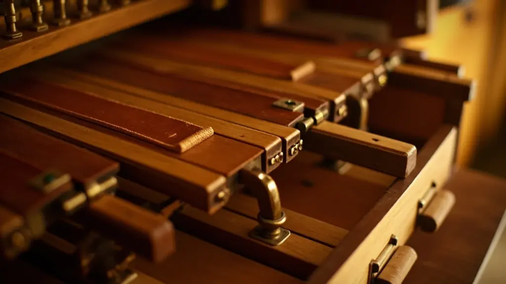 Tracker action mechanism inside a pipe organ