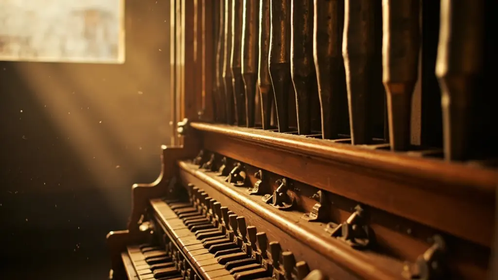 Inside view of a pipe organ showing pipes, windchest, and acoustic reflections