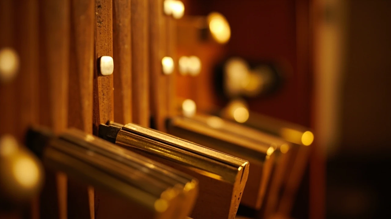 Close view of polished metal reed pipes in a pipe organ swell box