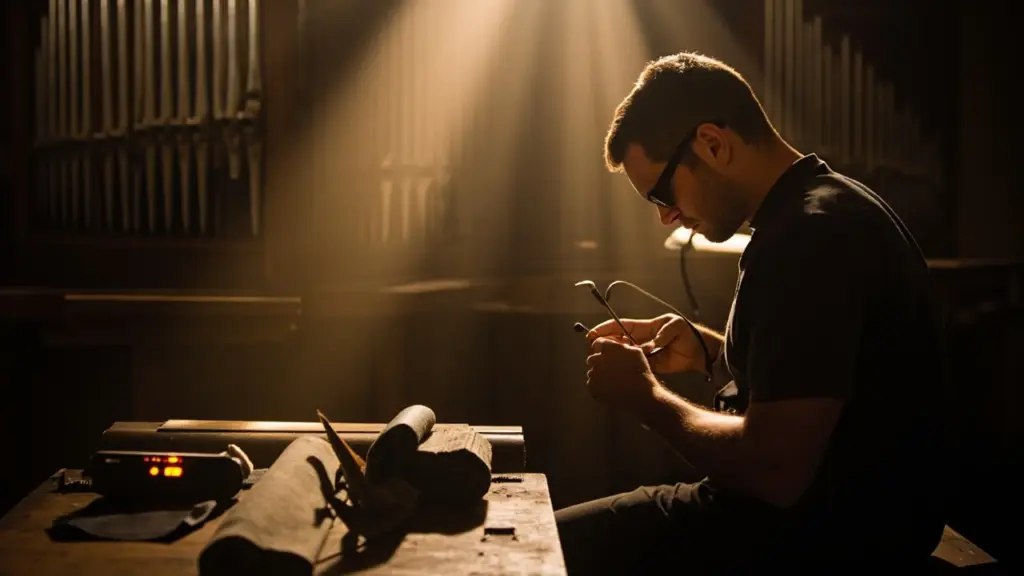 A pipe organ technician performing organ tuning on a metal flue pipe