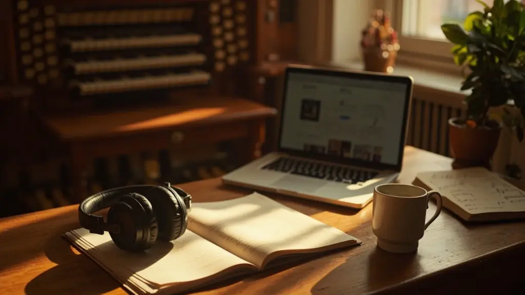 Person building music playlists for organ practice on a laptop