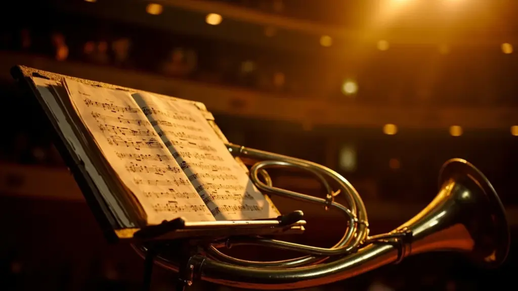 Classical music manuscript, brass instrument, and concert hall setting