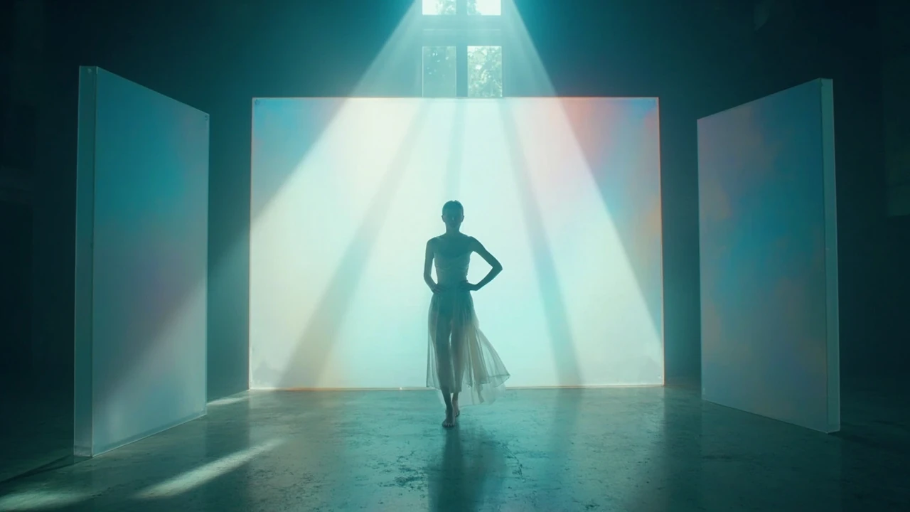 Abstract opalite music video still with soft glowing light and cinematic composition