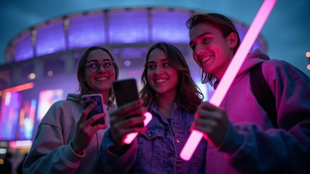 Fans searching for k-pop concerts near me on a phone at an arena