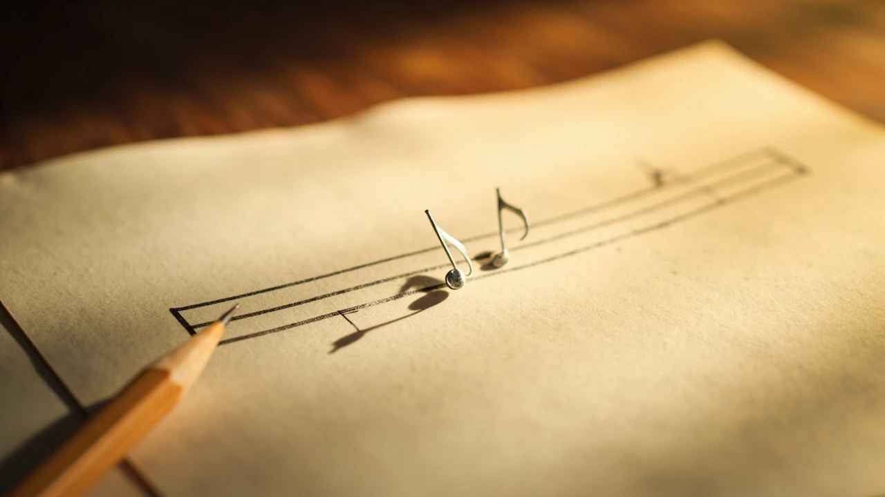 Handwritten music note on a five-line staff in soft daylight