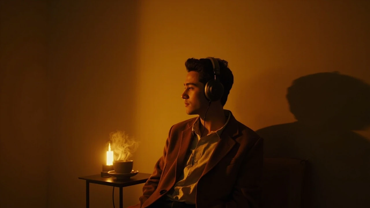 A person listening to relaxing music in a quiet room with soft lamp light