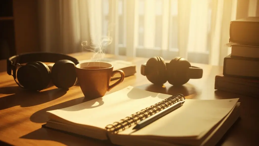 Student desk with headphones, notebook, and a cup of tea for classical music for studying