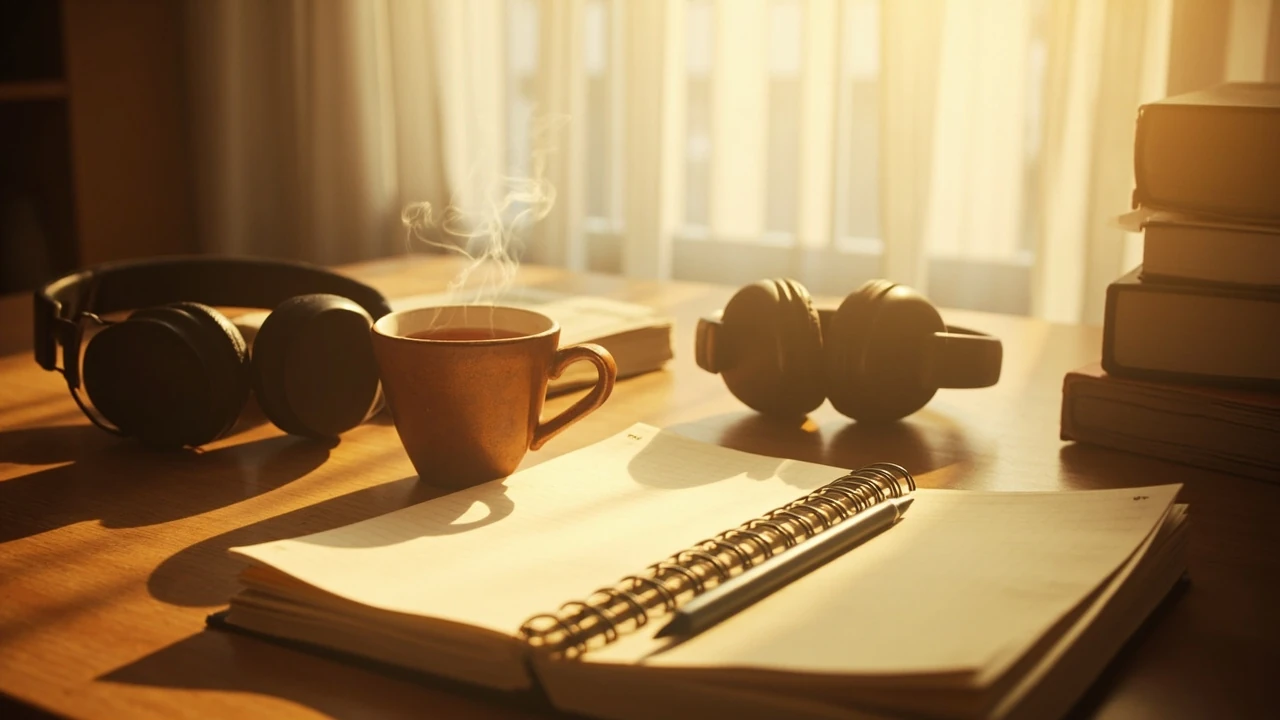 Student desk with headphones, notebook, and a cup of tea for classical music for studying