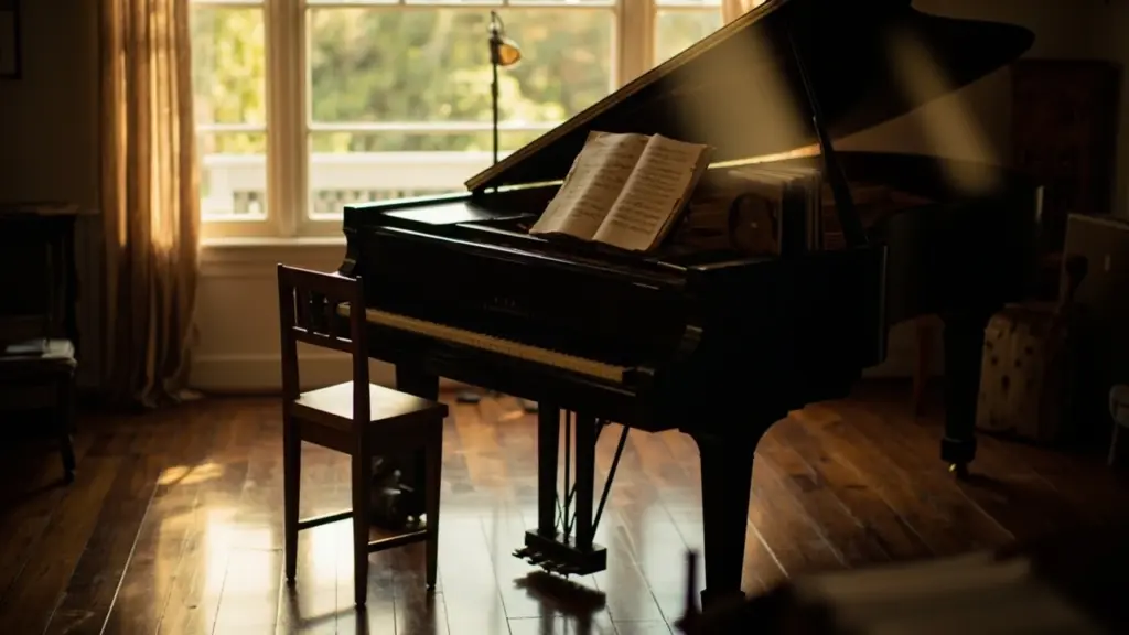 A pianist exploring sheet music that spans several music genres
