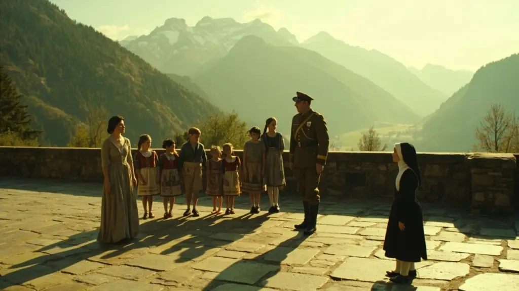 Editorial photograph of the sound of music cast arranged in period costume on an Alpine terrace at golden hour