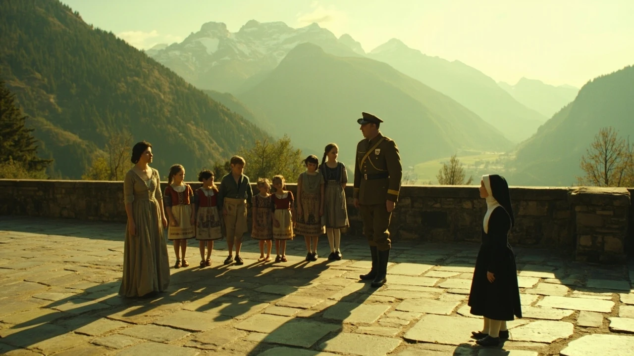 Editorial photograph of the sound of music cast arranged in period costume on an Alpine terrace at golden hour