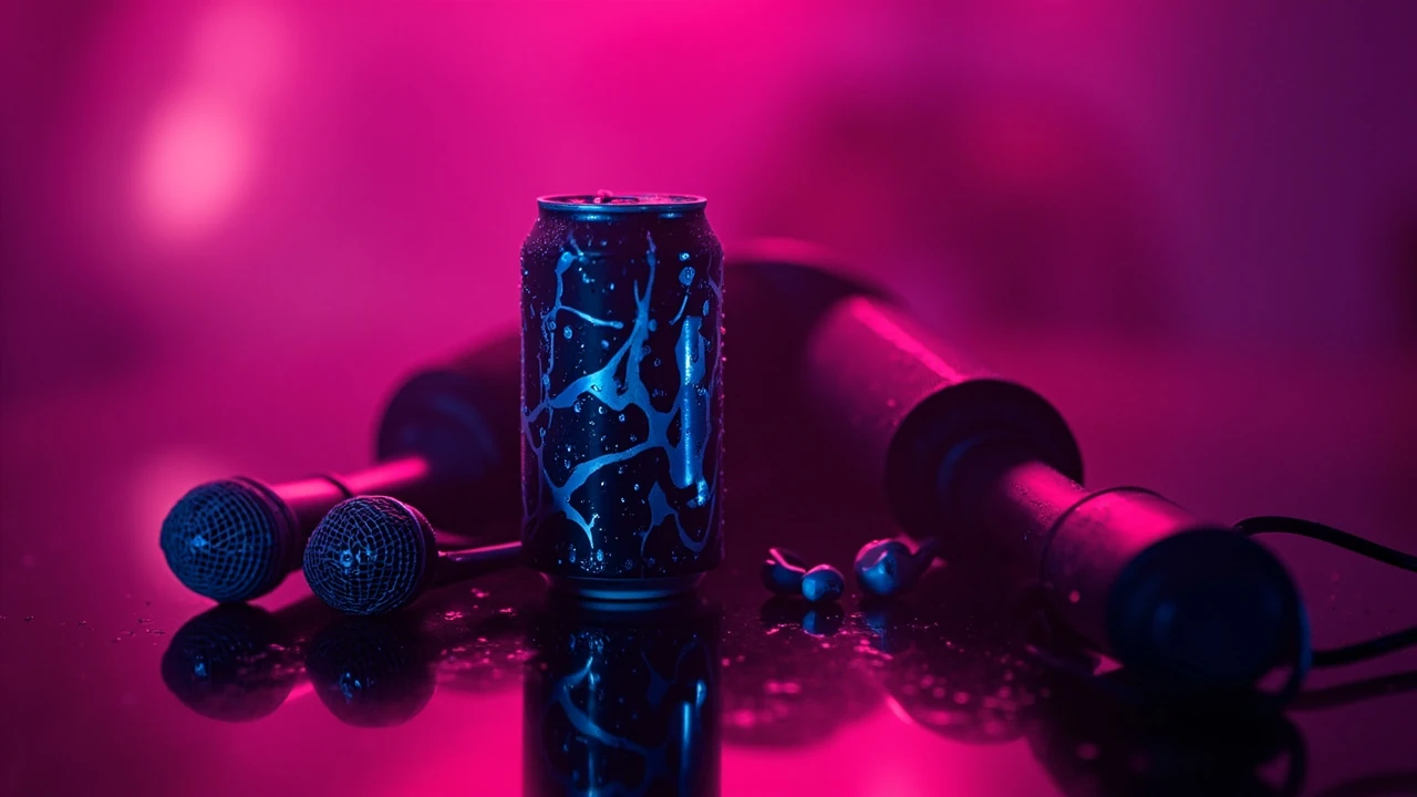 Kpop demon hunters soda pop single artwork scene with idol microphones and faint supernatural motifs