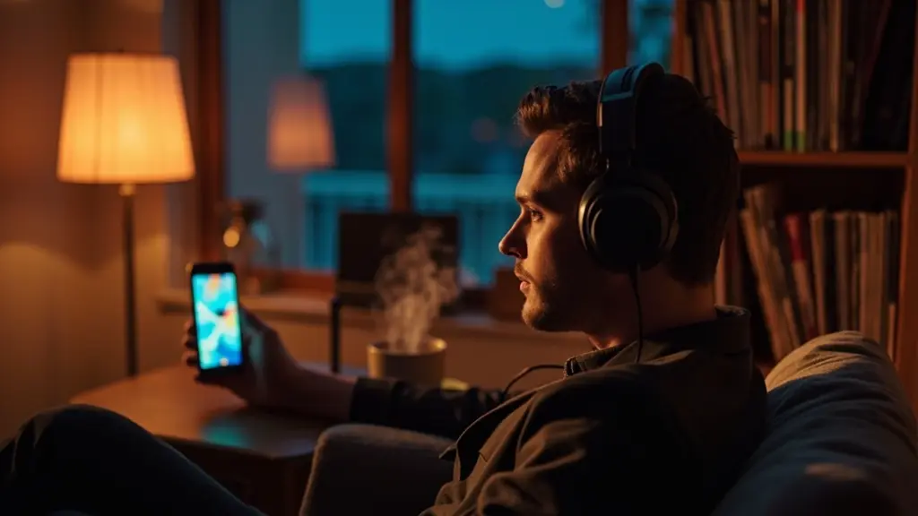 Person listening to Amazon Prime Music on wireless headphones at home