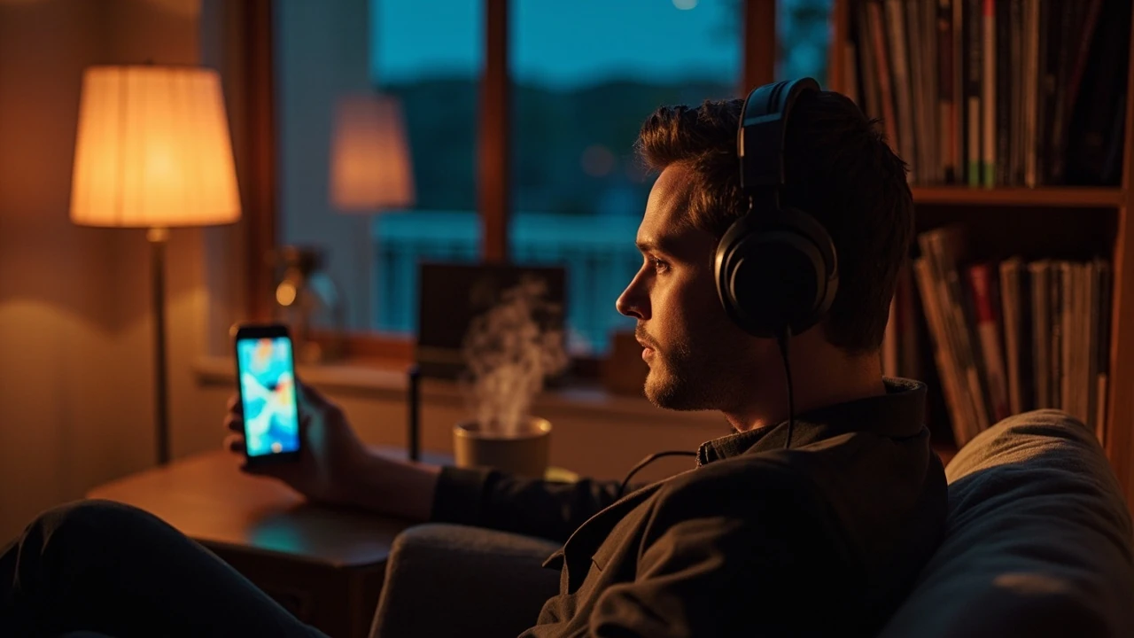 Person listening to Amazon Prime Music on wireless headphones at home