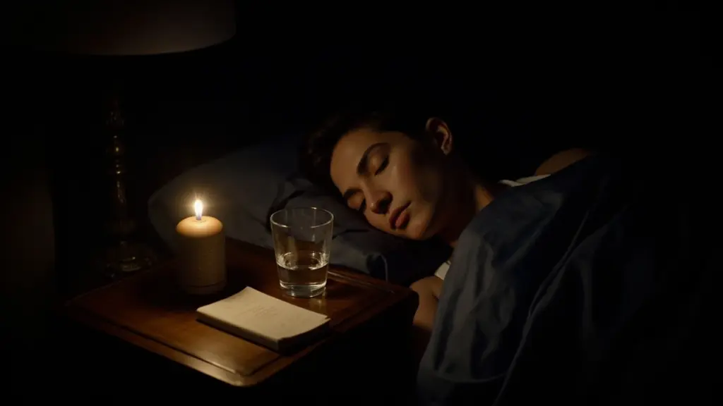 A person resting in bed at night while soft sleep music plays from a small speaker.