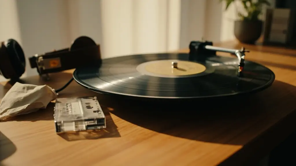 A vinyl record and cassette tape evoking 80s music culture on a wooden surface