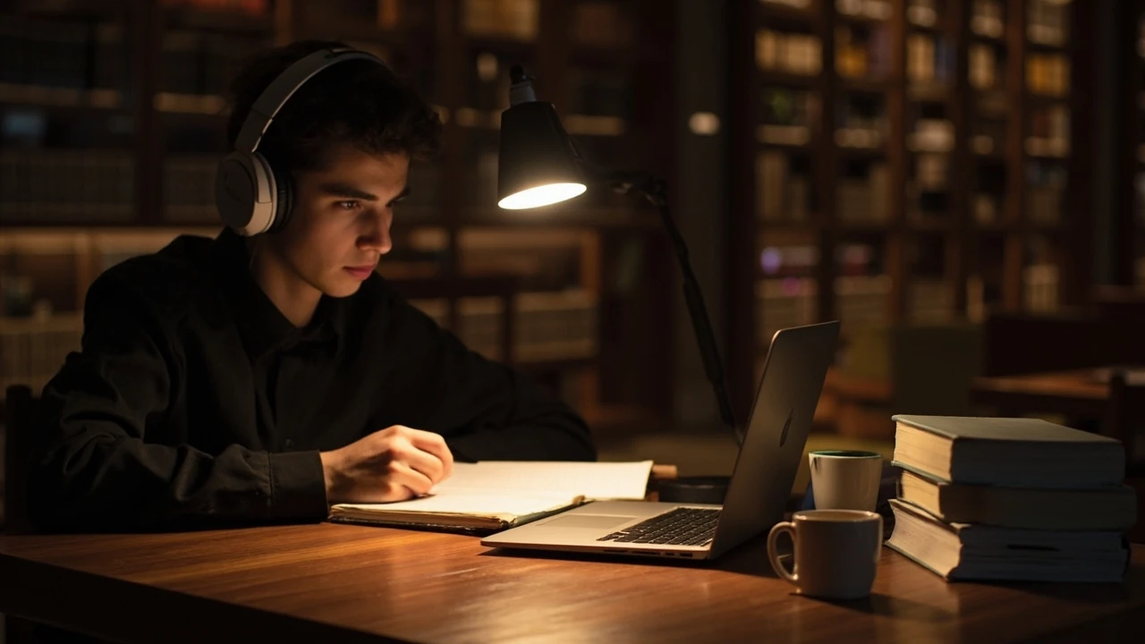 Student wearing headphones while reviewing notes, illustrating study music for focus