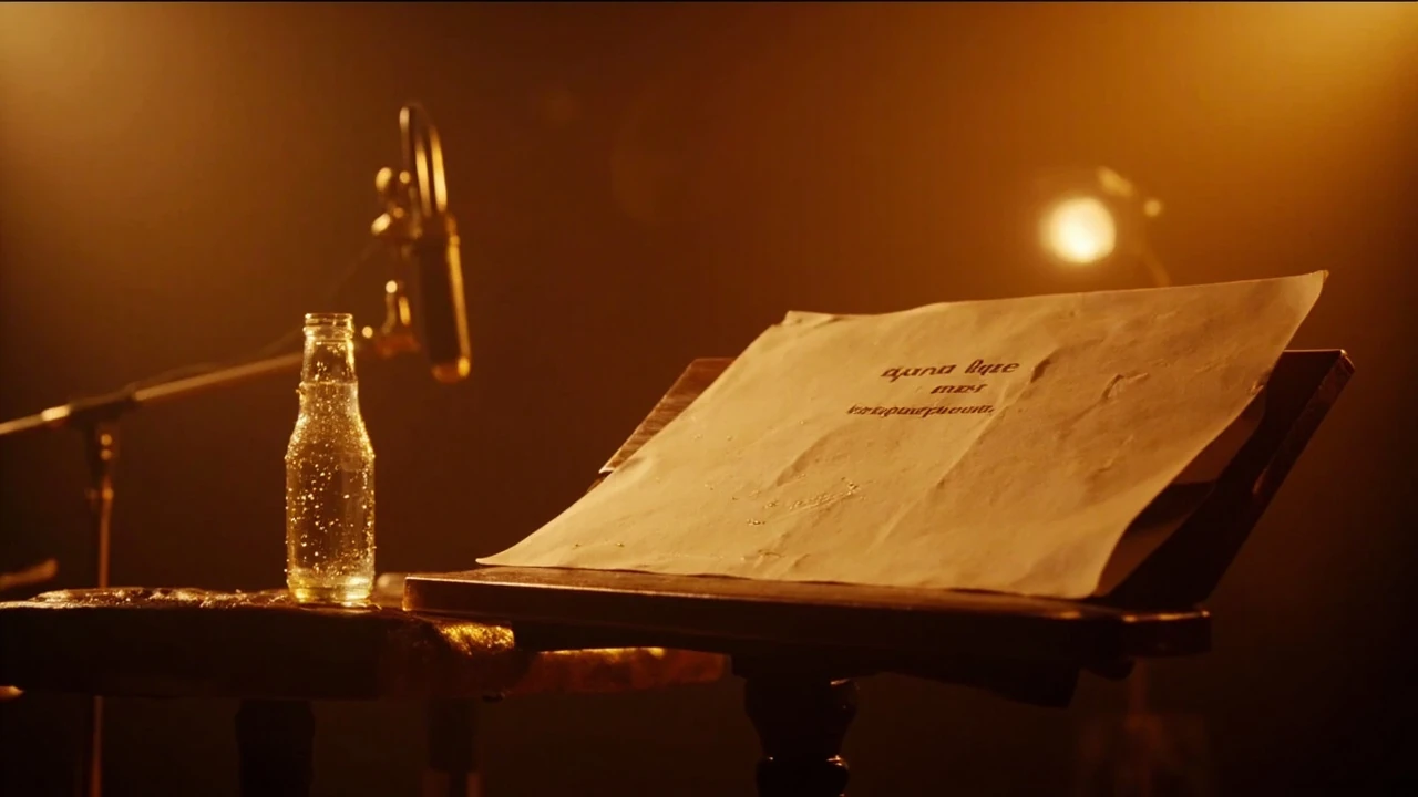 A printed lyric sheet for a soda pop song on a music stand