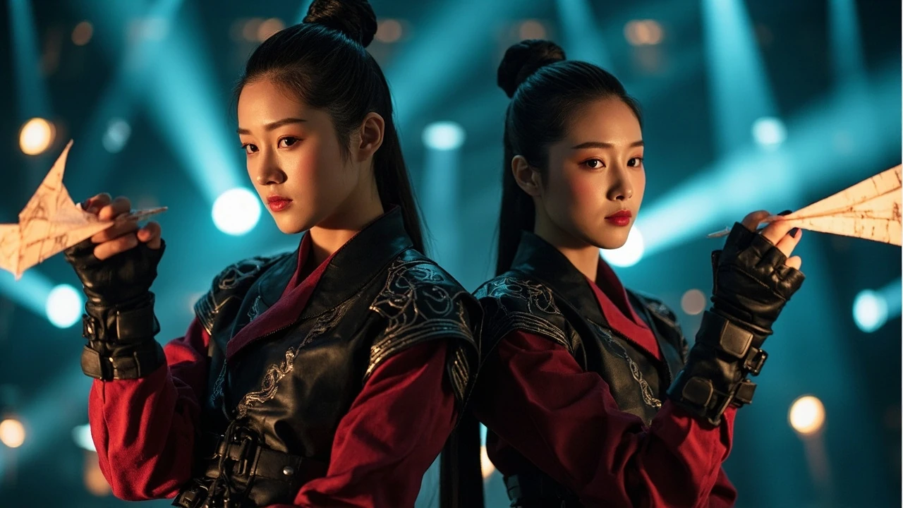 Two performers in a coordinated k pop demon hunters costume with dark hanbok-inspired jackets and glowing talisman props