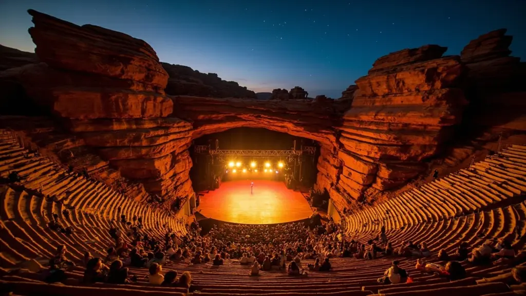 Red rocks concerts amphitheatre at dusk with stage lights on the sandstone terraces