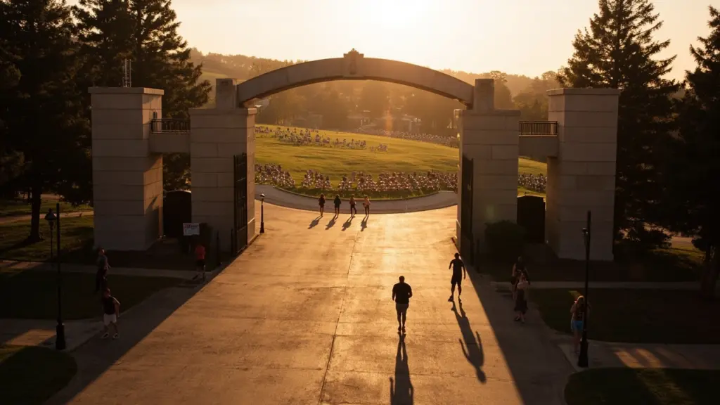 Crowd entering Ruoff Music Center amphitheater at dusk