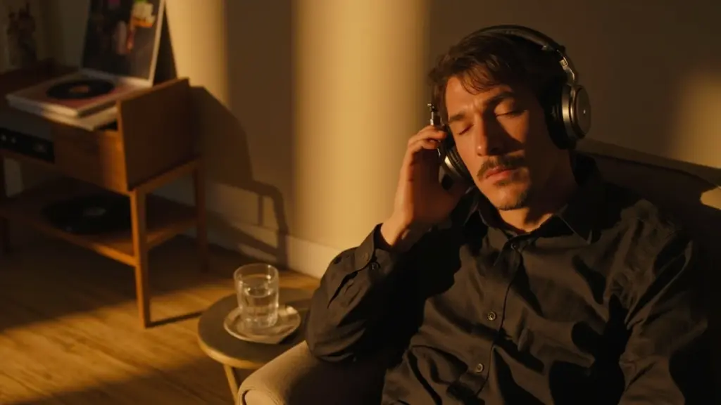 Listener focused on the sound of music through headphones in a quiet room