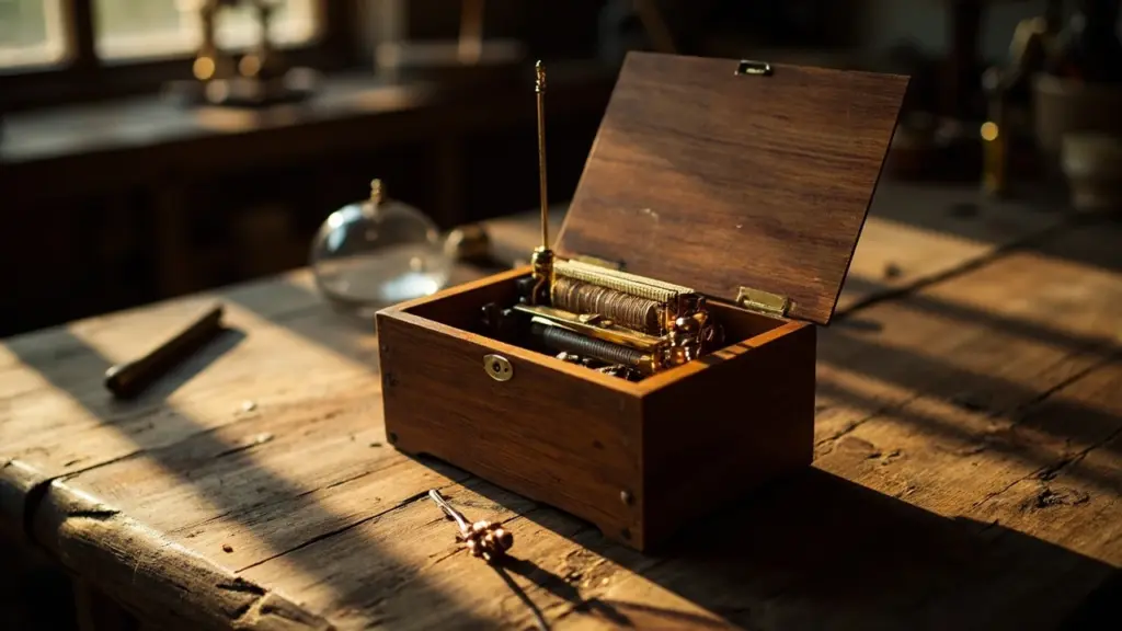Vintage wooden music box with visible brass comb and pinned cylinder on a workshop bench