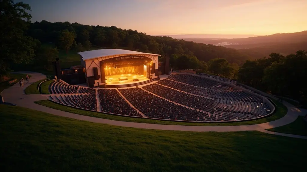 Exterior view of PNC Music Pavilion at dusk before a concert