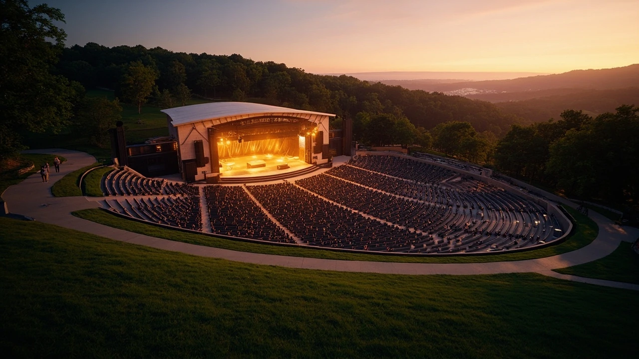 Exterior view of PNC Music Pavilion at dusk before a concert