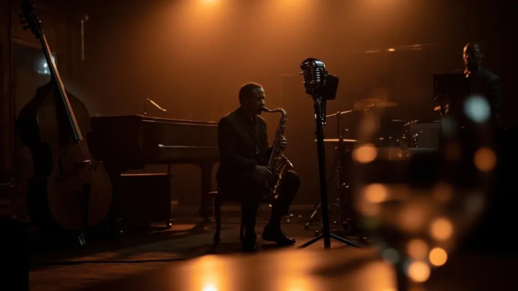 A small jazz music ensemble performing in a dimly lit club