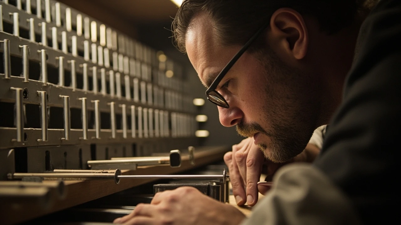 Organ builder inspecting a flue pipe for pop stroke