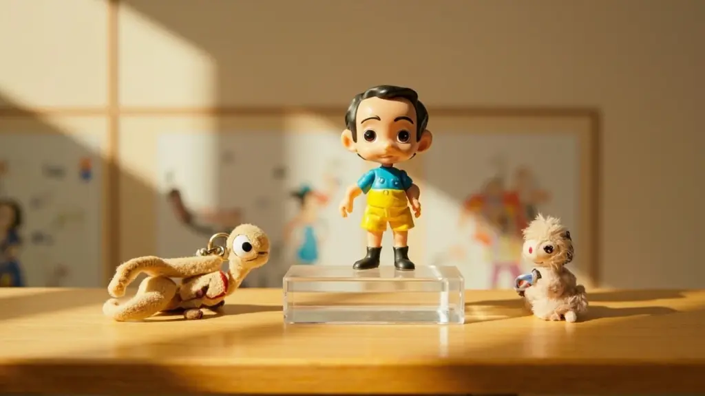 K pop demon hunters toys arranged on a shelf, including plush and small figures