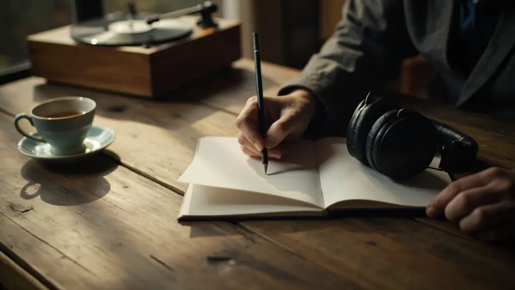 Listener rating music on a notebook beside headphones and a record player