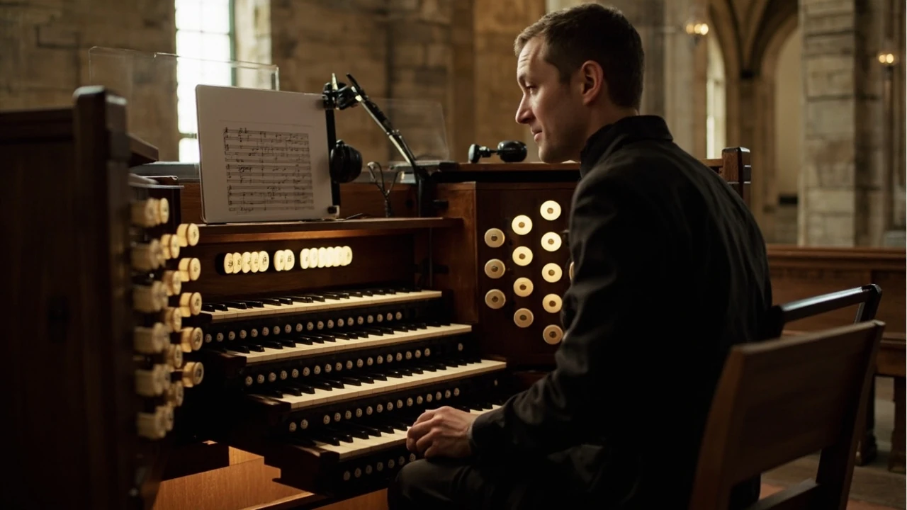 Organist using smart music tools at a pipe organ console