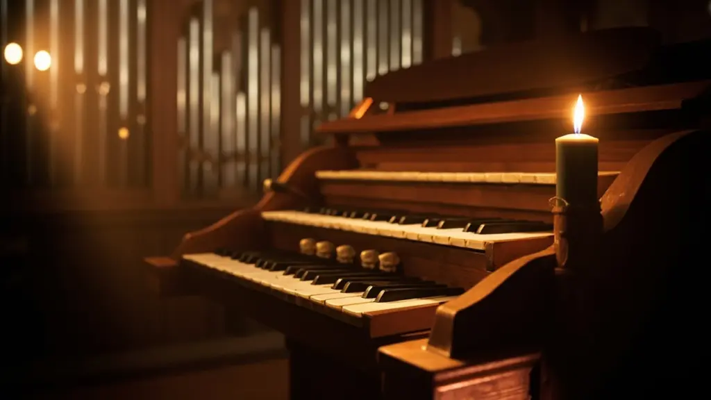 A pipe organ console at sunset, used for meditation music