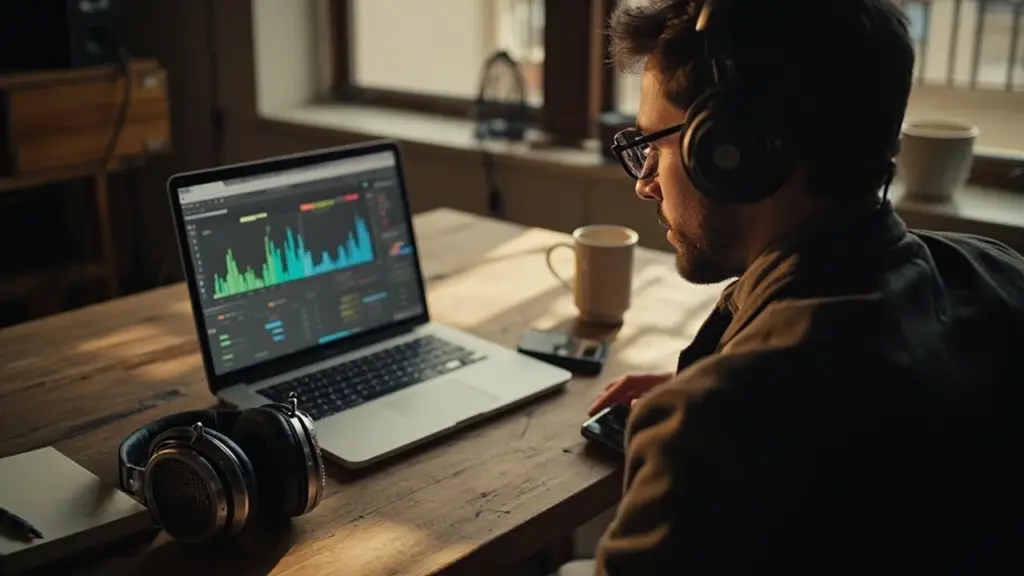 Musician reviewing the Apple Music for artists dashboard on a laptop