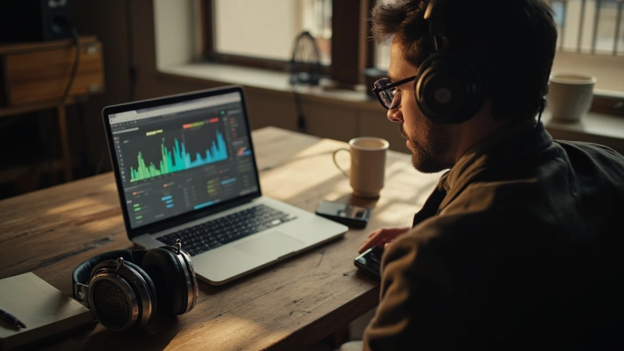 Musician reviewing the Apple Music for artists dashboard on a laptop