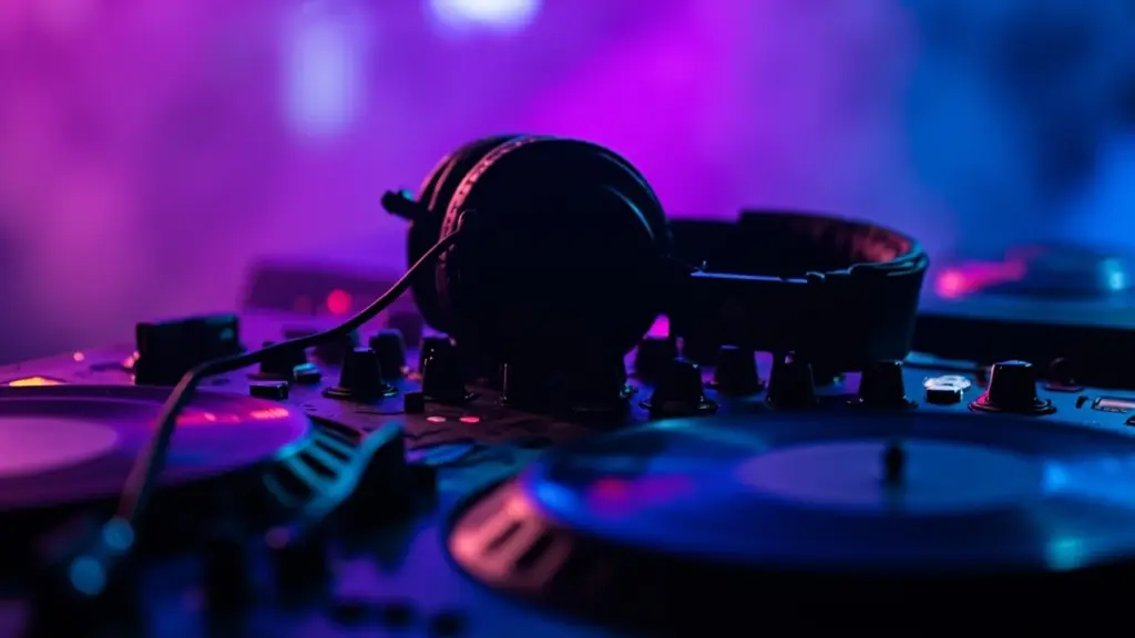 House music DJ setup with mixer and turntables in a club