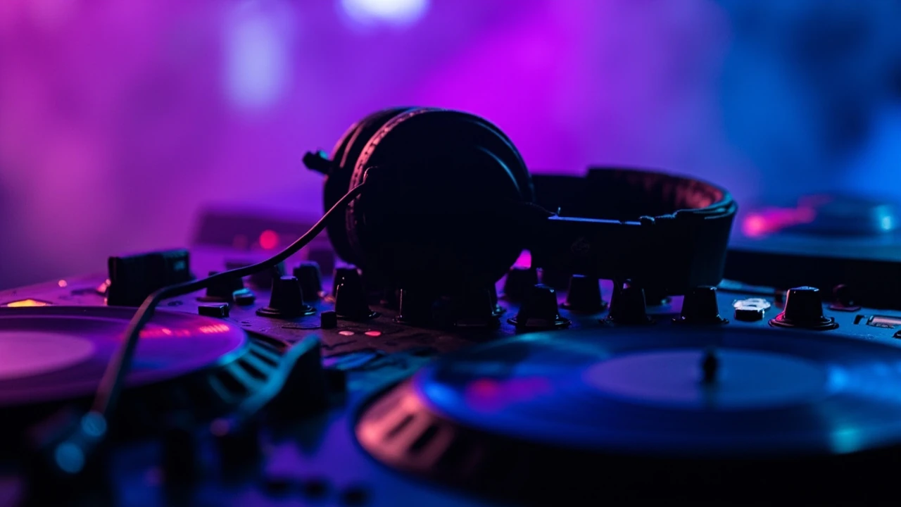 House music DJ setup with mixer and turntables in a club