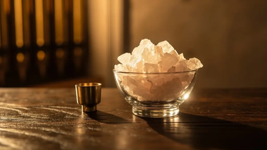 Glass dish of popping candy crystals on a dark wooden table next to an open metal organ pipe